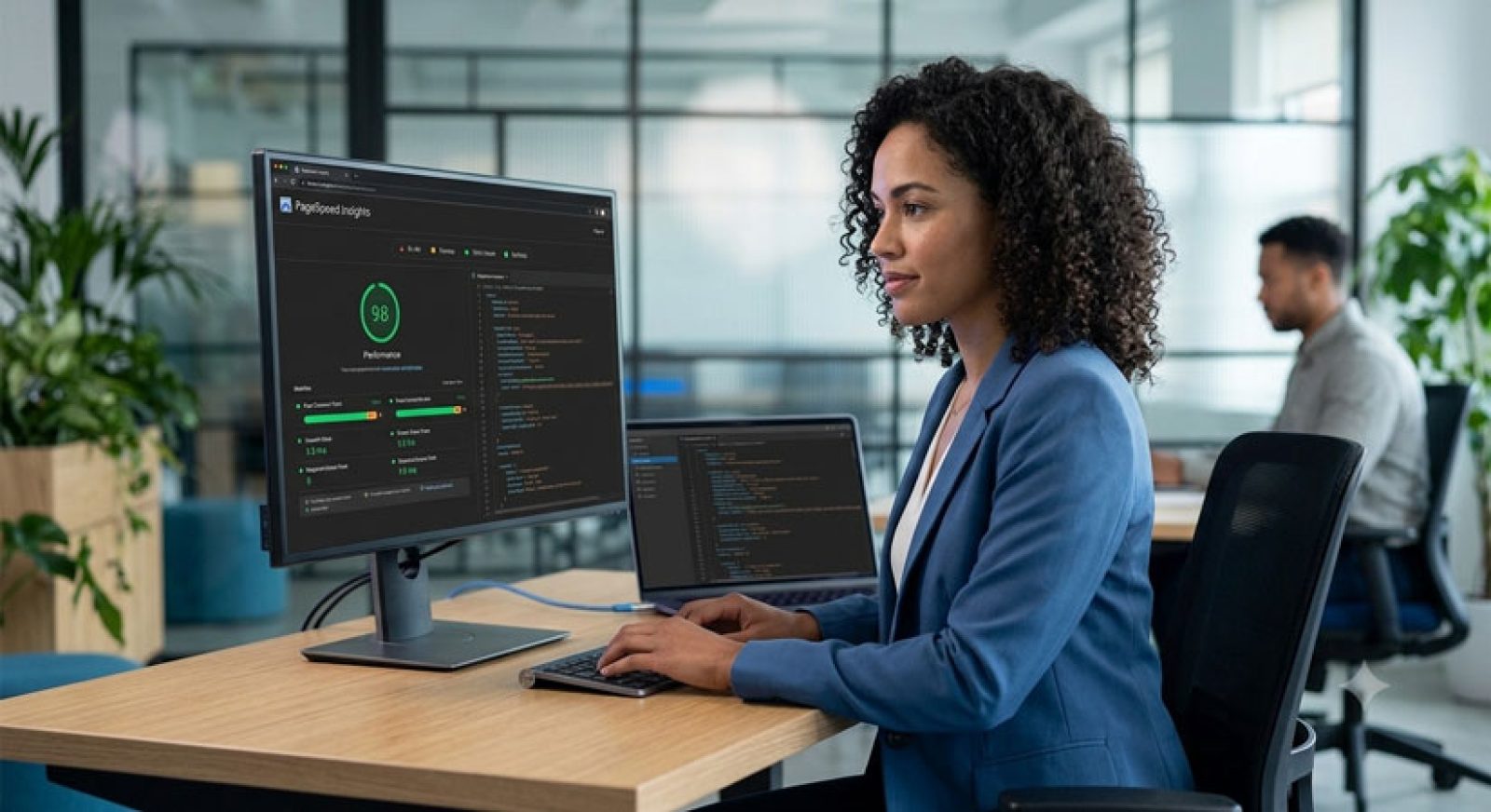 A professional analyzing green Core Web Vitals performance charts and speed metrics on a sleek laptop screen in a modern office environment.