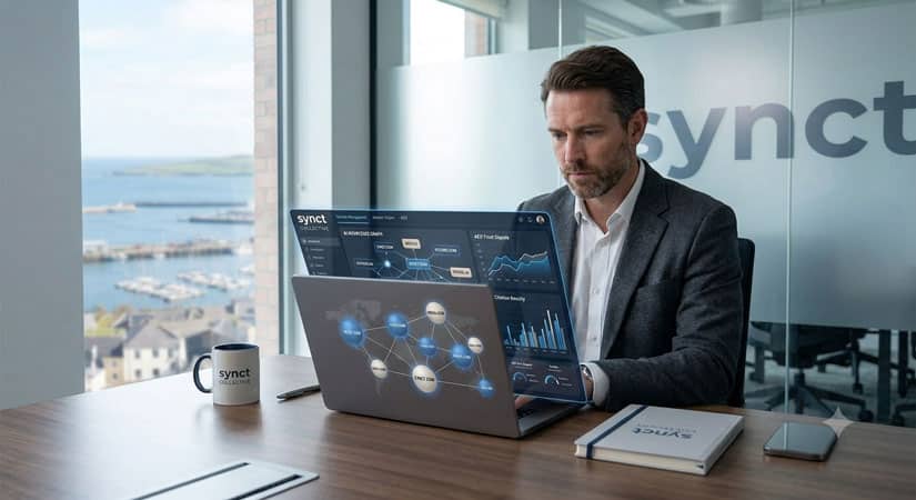 A business professional working on a laptop displaying AI domain authority data and Answer Engine Optimization charts in a modern office
