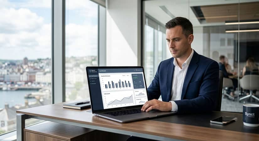 A business professional working on a laptop displaying a custom WordPress client portal and data dashboard in a modern office