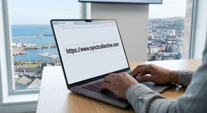 Close up of hands typing https www synctcollective com into a web browser on a modern laptop