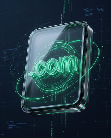 Glowing 3D emerald green .com domain asset symbol representing enterprise digital real estate security