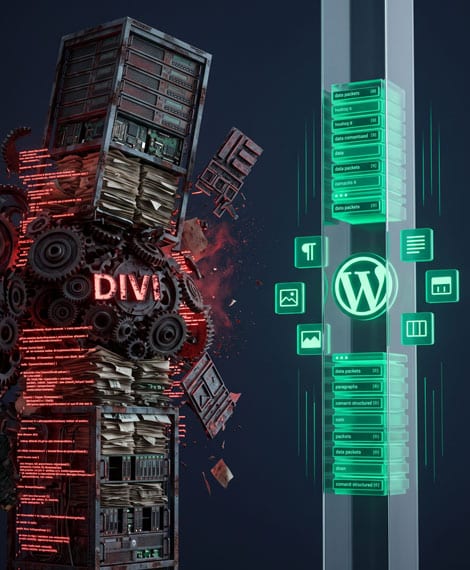 3D abstract render contrasting heavy legacy Divi page builder bloat with clean emerald green WordPress Gutenberg architecture