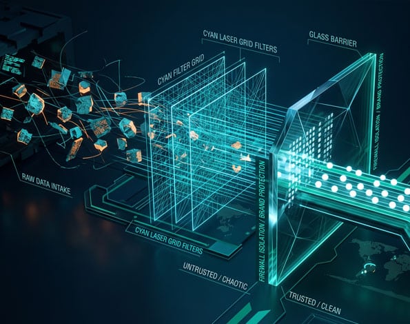 Technical visual depicting multi-stage data verification and domain firewall isolation for cold outreach.