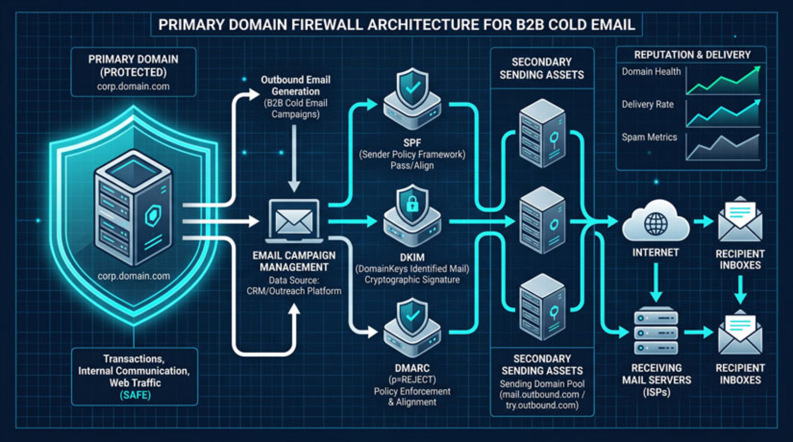 Technical architecture diagram showing secondary domain isolation protecting a primary brand domain using SPF, DKIM, and DMARC firewalls.