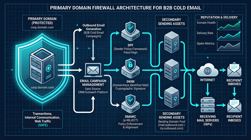 Technical architecture diagram showing secondary domain isolation protecting a primary brand domain using SPF, DKIM, and DMARC firewalls.