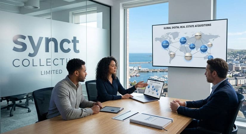 ynct Collective team presenting a global digital real estate and domain acquisition strategy in a modern boardroom