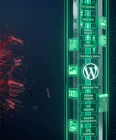 3D visual comparing fragmented legacy CMS errors with a pristine emerald green WordPress structure featuring Gutenberg, Elementor Pro, and 301 schema mapping