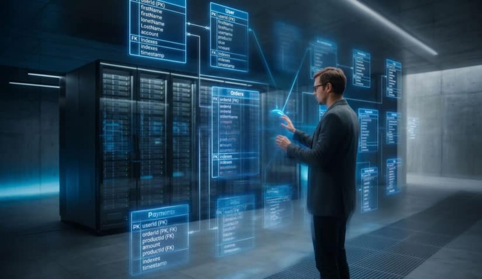 A technical visualization of a relational database schema comparing Custom Post Types and custom SQL tables for WordPress database optimization.