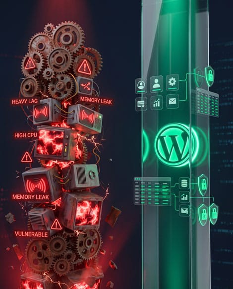 3D render contrasting unstable WordPress plugin bloat with secure emerald green custom portal architecture