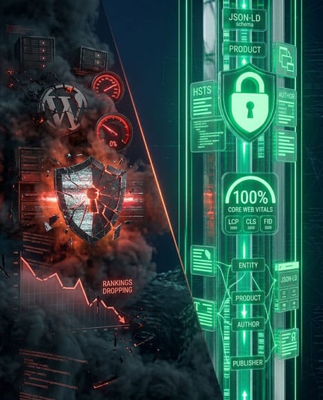 3D render contrasting a failing WordPress site with an optimized emerald green Core Web Vitals and security architecture