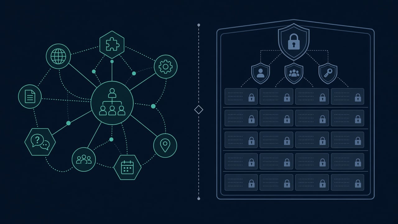 Diagram separating a public Organization and Service schema graph from a locked RBAC-governed client portal data layer