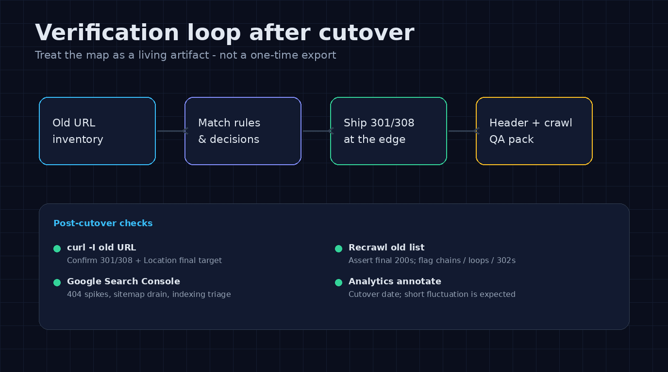 CMS migration 301 redirect map verification loop: crawl inventory, match rules, ship redirects, then header and GSC QA