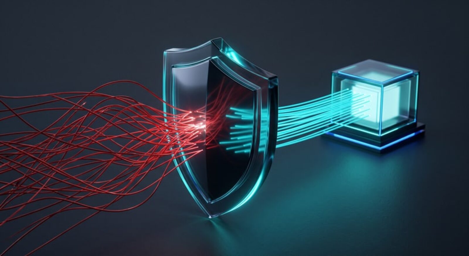 3D illustration depicting a Web Application Firewall shield intercepting threats at the edge in a Zero-Trust WordPress security architecture.