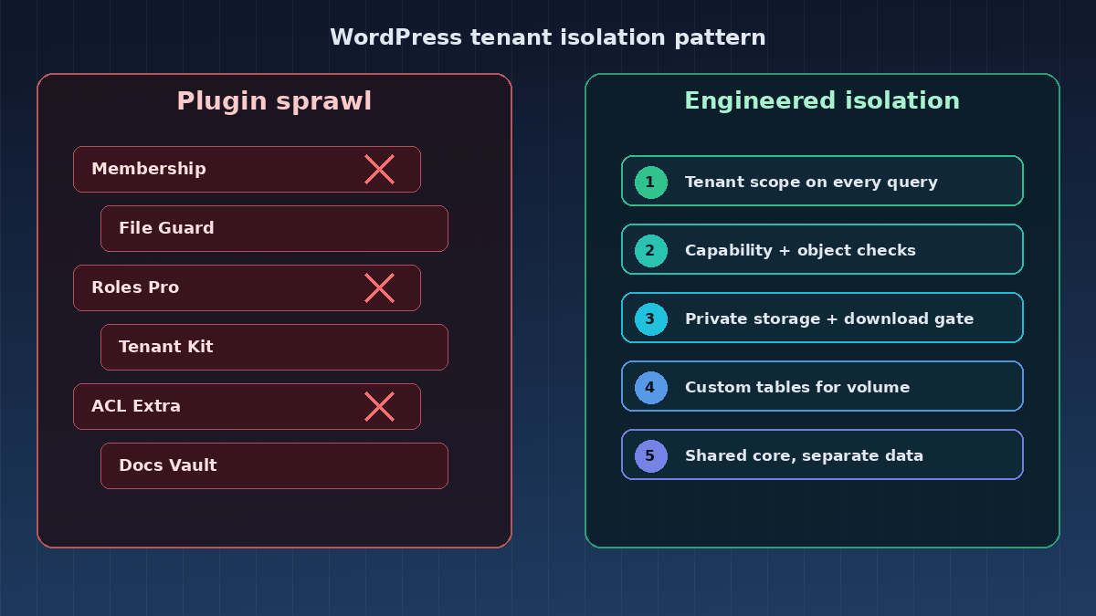 Multi-tenant WordPress portal architecture showing isolated tenant data versus plugin sprawl
