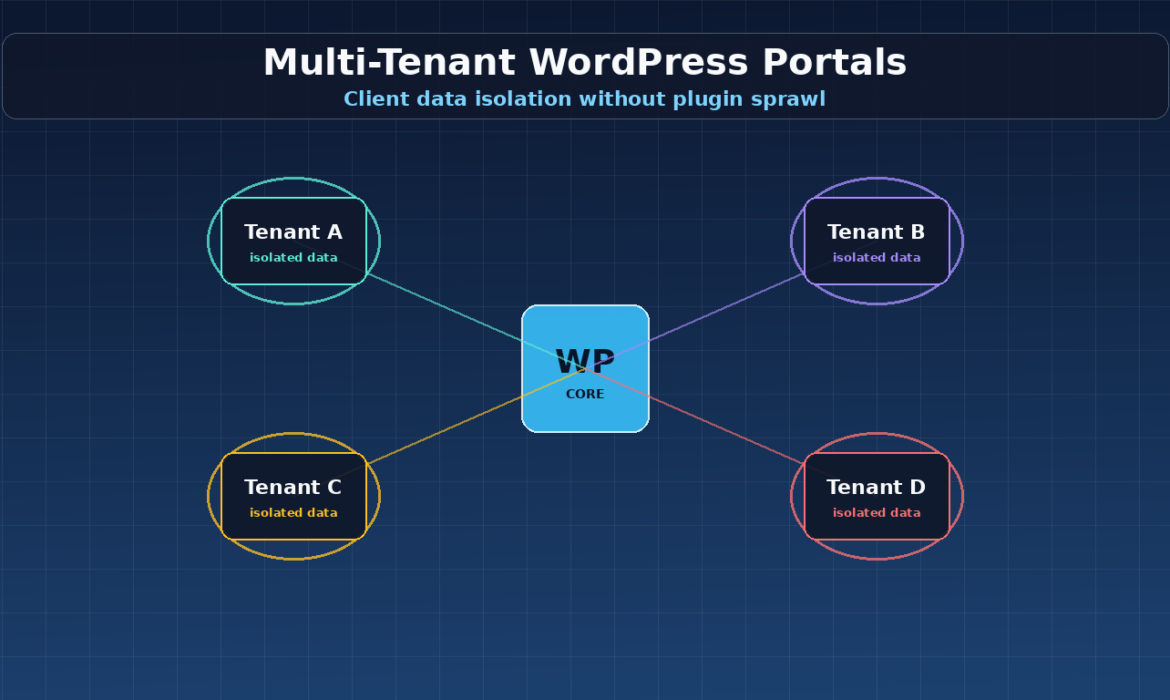 Multi-tenant WordPress portal architecture with isolated tenant data cells around a shared core