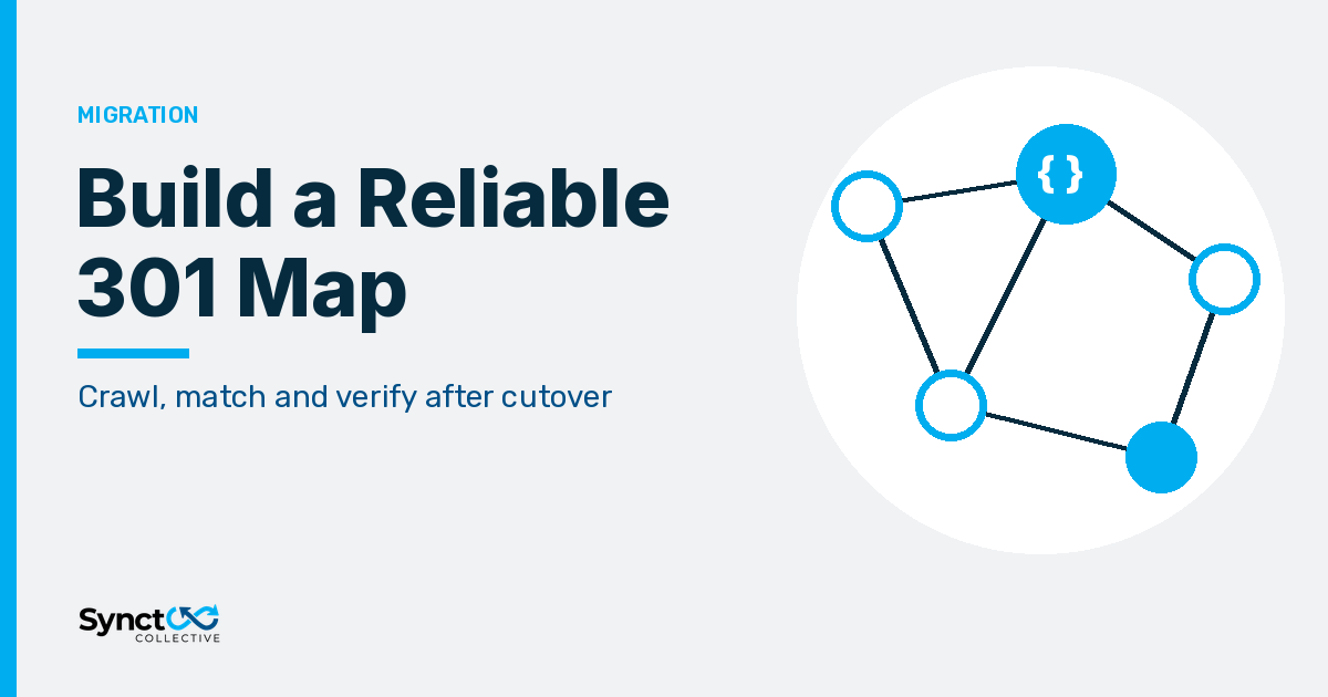 Illustrated graphic: Build a Reliable 301 Map. Crawl, match and verify after cutover.