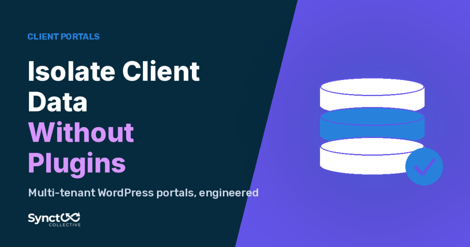 Illustrated graphic: Isolate Client Data Without Plugins. Multi-tenant WordPress portals, engineered.
